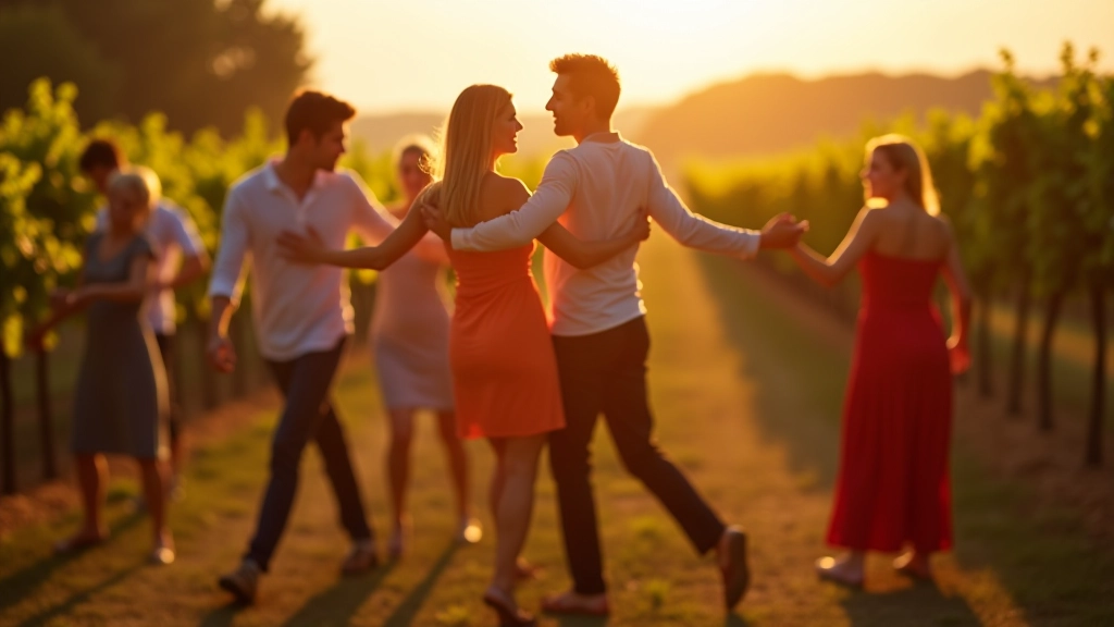 Skupiny tanečníků v bachata pozicích, přátelská atmosféra, vinobraní na pozadí
