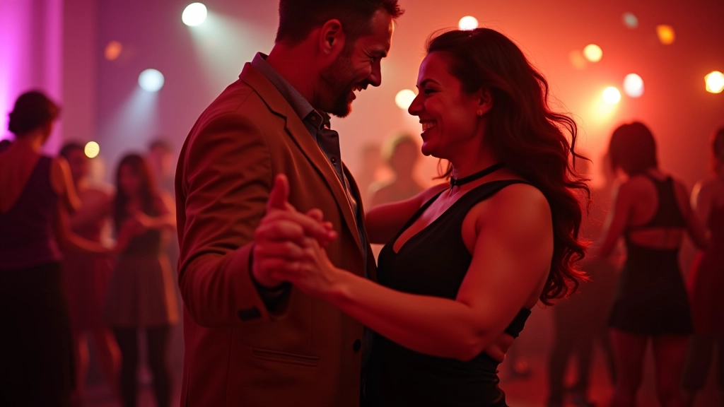 Entuziastický tanečník a tanečnice v salsa pózách, úsměv, energická atmosféra